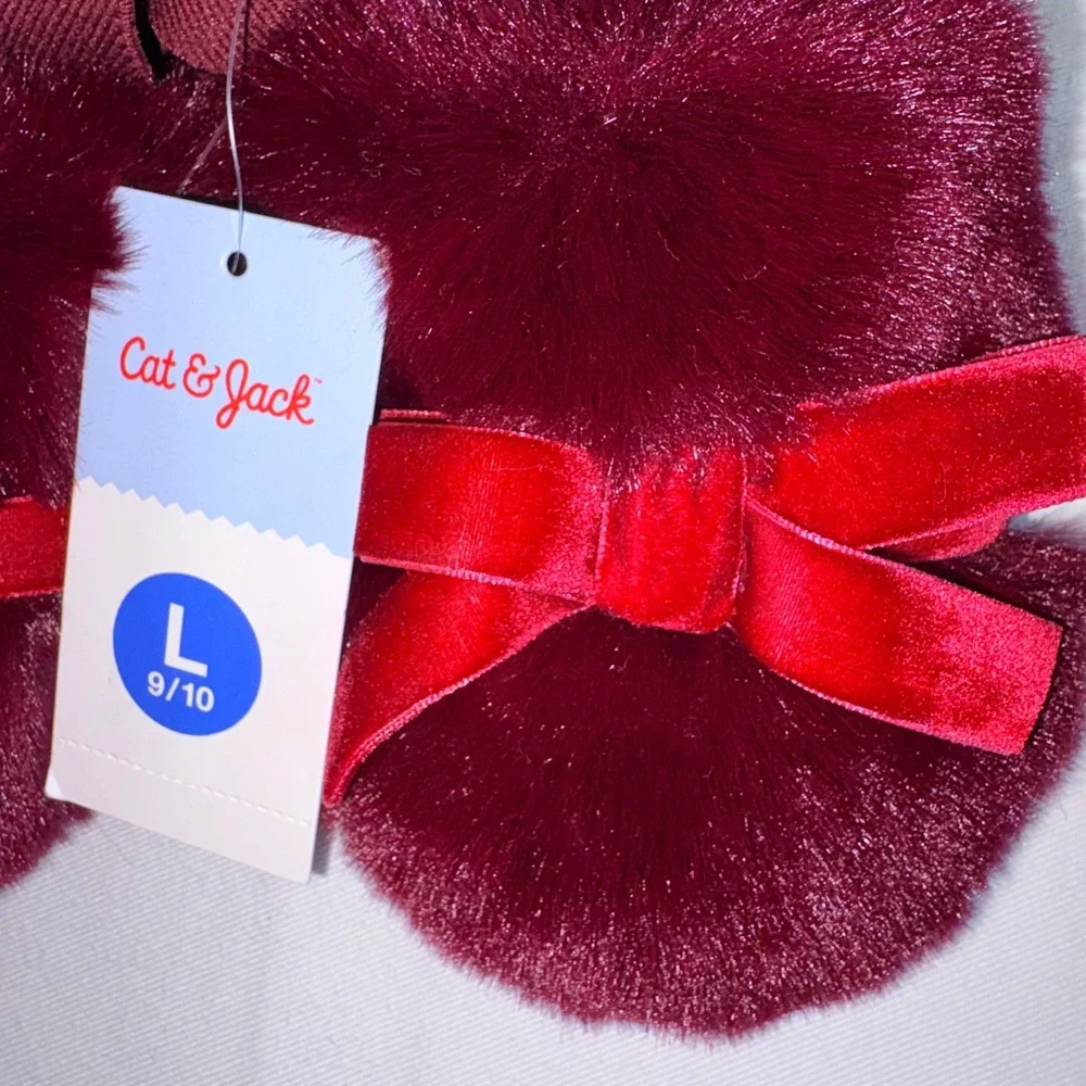 Cat & Jack Faux Fur Slippers 9/10 Burgundy NEW Velvet Bow Elastic Strap